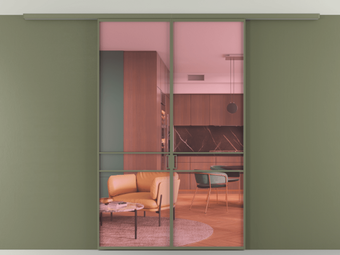 Перегородка Formato вдоль стены на потолок 2 створки АЛПР 040.02 Алюминий оливковый тёмный Прозрачное розовое стекло, триплекс Цена 10200 AZE | Volhovec