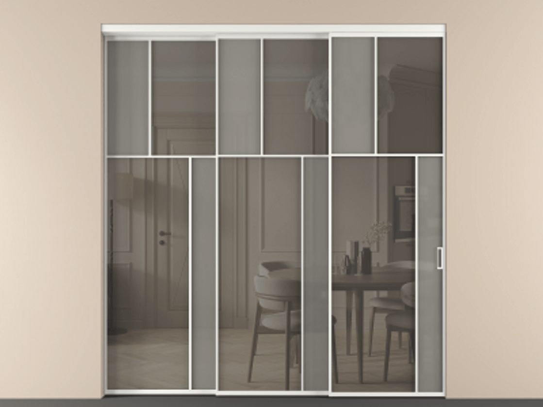 Перегородка Мозаик внутри проёма 3 створки с синхронным механизмом АЛПР 041.23 Алюминий белоснежный Сатинированное серое стекло, триплекс, 6 мм + Прозрачное серое стекло, триплекс Цена 22800 AZE | Volhovec