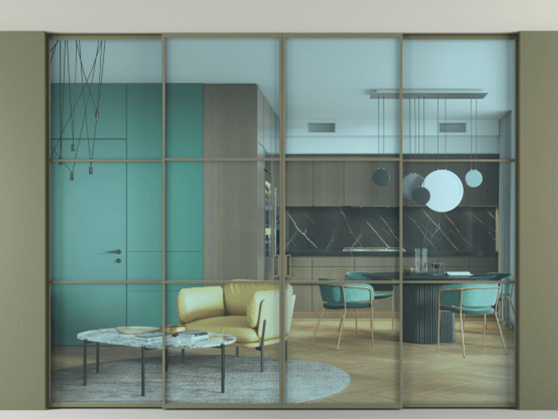 Перегородка Формато внутри проёма скрытое крепление в потолок 4 створки АЛПР 040.03 Алюминий оливковый тёмный Прозрачное голубое стекло, триплекс Цена 23800 AZE | Volhovec