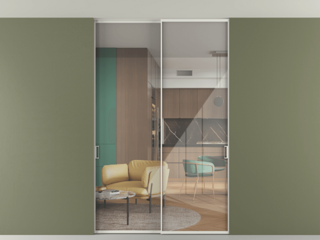 Перегородка Formato внутри проёма скрытое крепление в потолок 2 створки АЛПР 040.01 Алюминий серый Рефлективное прозрачное стекло "Stopsol", калёное Цена 15310 AZE | Volhovec