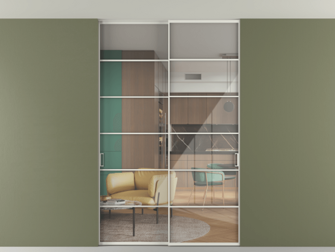 Перегородка Формато внутри проёма скрытое крепление в потолок 2 створки АЛПР 040.04 Алюминий серый Рефлективное прозрачное стекло "Стопсол", калёное Цена 16820 AZE | Volhovec