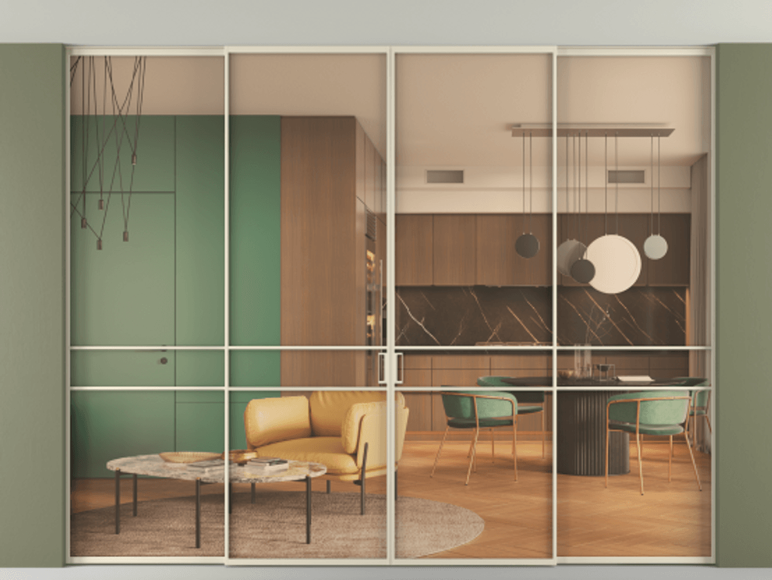 Перегородка Formato внутри проёма скрытое крепление в потолок 4 створки АЛПР 040.02 Алюминий бежево-серый Прозрачное оранжевое стекло, триплекс Цена 761690 сом | Volhovec