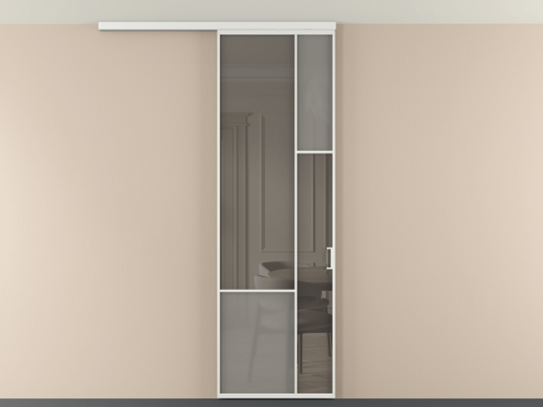 Перегородка Mosaic вдоль стены на потолок 1 створка АЛПР 041.12 Алюминий белоснежный Сатинированное серое стекло, триплекс, 6 мм + Прозрачное серое стекло, триплекс Цена 7040 AZE | Volhovec