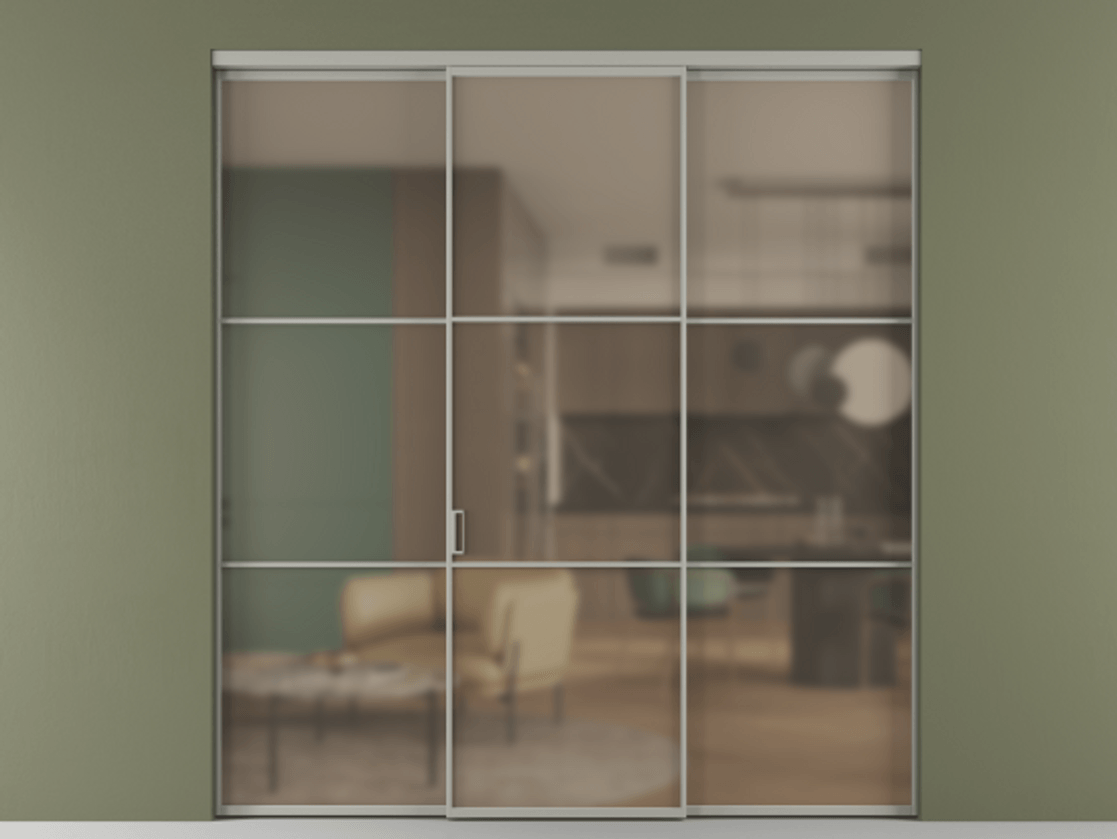 Перегородка Формато внутри проёма 3 створки АЛПР 040.03 Алюминий нейтральный серый Сатинированное бронзовое стекло, триплекс Цена 12370 AZE | Volhovec