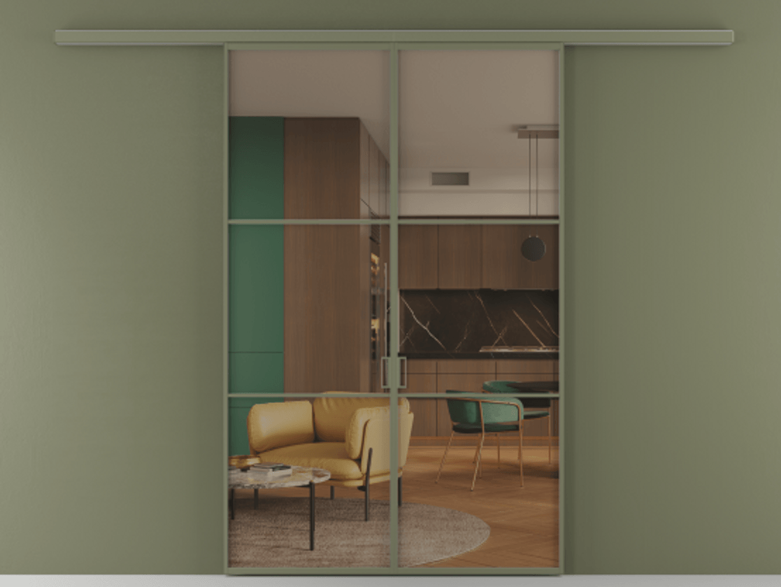 Перегородка Формато вдоль стены 2 створки АЛПР 040.03 Алюминий оливковый тёмный Прозрачное бронзовое стекло, триплекс Цена 10190 AZE | Volhovec