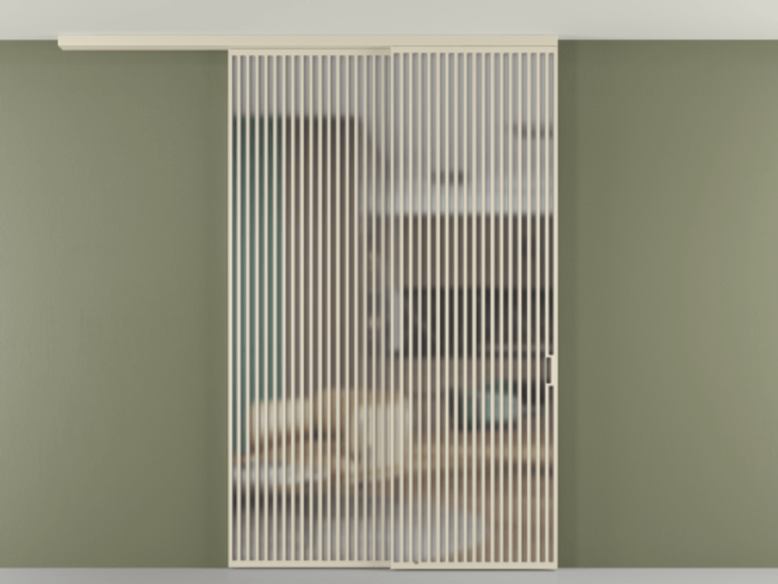 Перегородка Формато вдоль стены на потолок 2 створки с синхронным механизмом АЛПР 040.06 Алюминий бежево-серый Сатинированное стекло "Мателюкс Кристал Вижн", калёное, матовое, каленое 6 мм Цена 28280 AZE | Volhovec