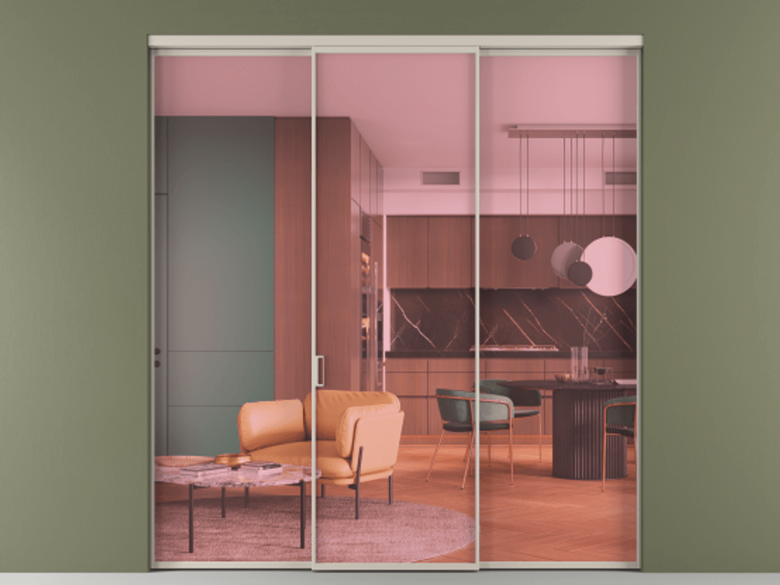 Перегородка Формато внутри проёма 3 створки АЛПР 040.01 Алюминий светло-бежевый Прозрачное розовое стекло, триплекс Цена 11700 AZE | Volhovec