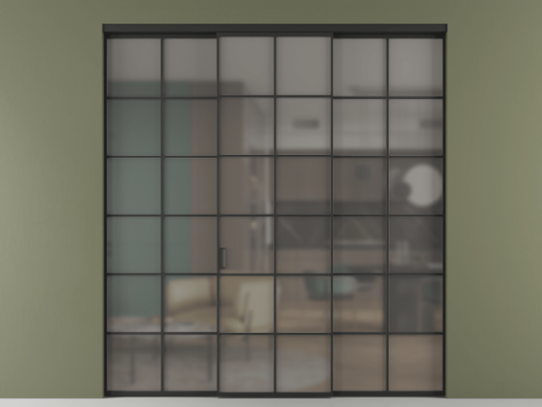 Перегородка Формато внутри проёма 3 створки АЛПР 040.05 Алюминий Черный Сатинированное серое стекло, триплекс Цена 244625 ₽ | Volhovec