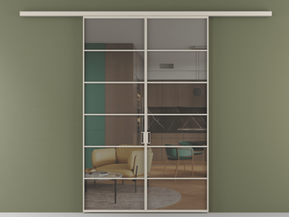 Перегородка Формато вдоль стены 2 створки АЛПР 040.04 Алюминий светло-бежевый Прозрачное серое стекло, триплекс Цена 10800 AZE | Volhovec