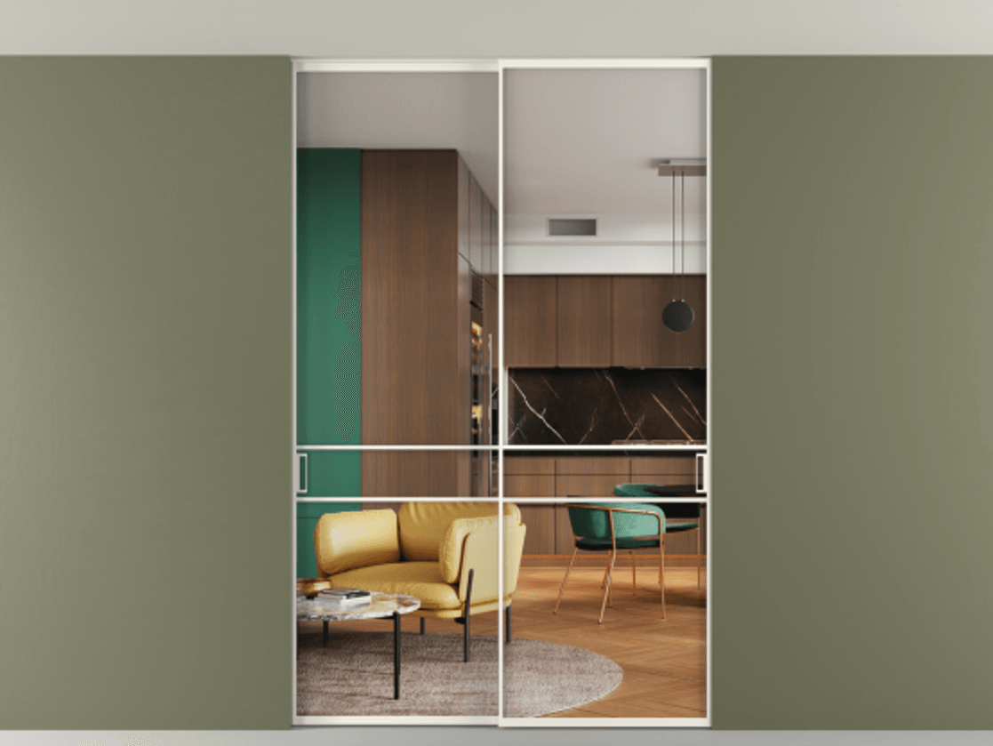 Перегородка Формато внутри проёма скрытое крепление в потолок 2 створки АЛПР 040.02 Алюминий пудровый белый Прозрачное стекло "Кристал Вижн", калёное Цена 15930 AZE | Volhovec