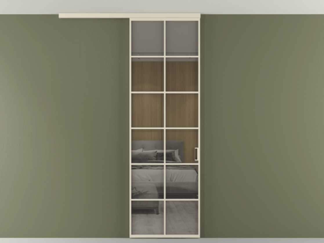 Перегородка Формато вдоль стены на потолок 1 створка АЛПР 040.05 Алюминий бежево-серый Рефлективное серое стекло "Стопсол", калёное Цена 6990 AZE | Volhovec