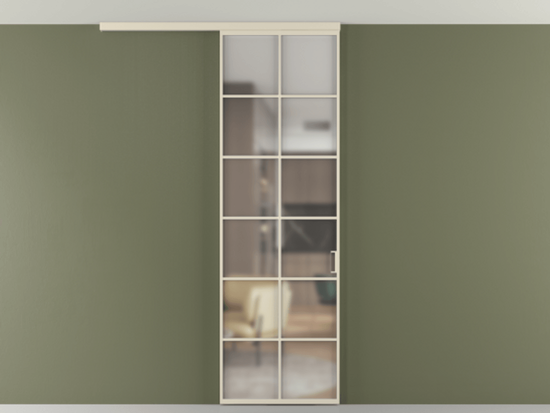 Перегородка Formato вдоль стены на потолок 1 створка АЛПР 040.05 Алюминий бежево-серый Сатинированное стекло "Matelux Crystal Vision", калёное, матовое, каленое 6 мм Цена 6990 AZE | Volhovec