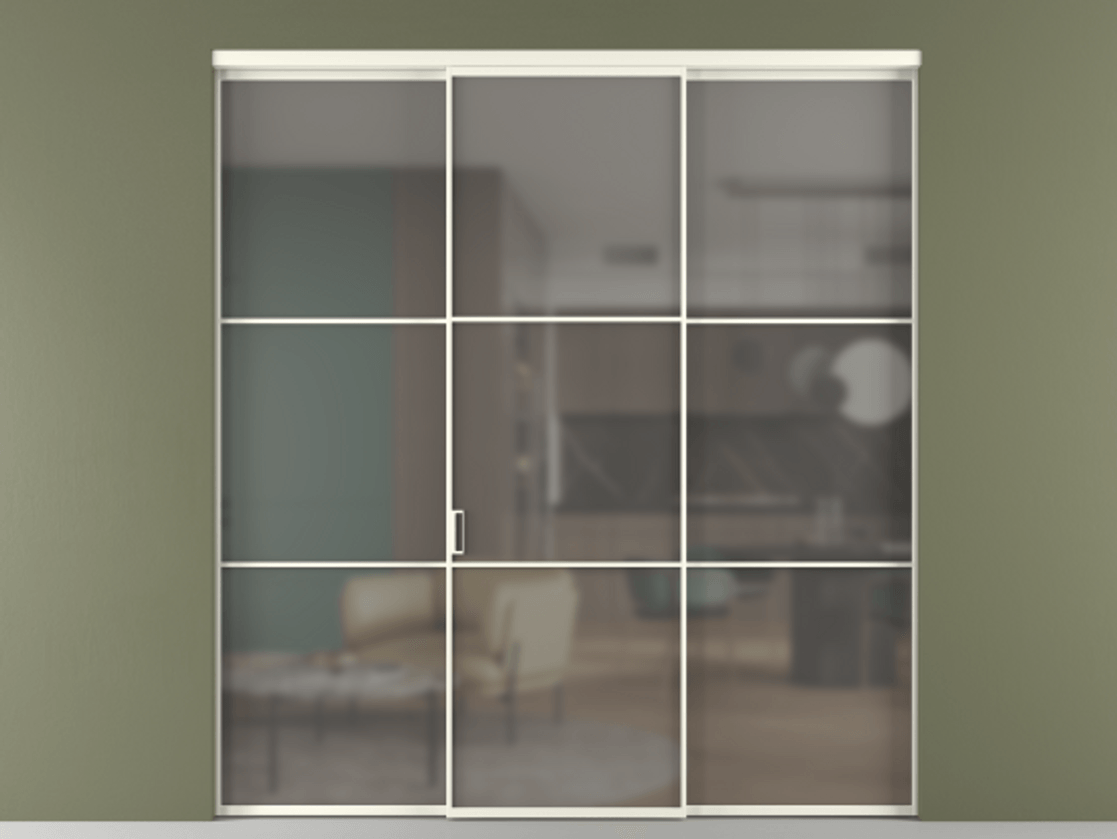 Перегородка Формато внутри проёма 3 створки АЛПР 040.03 Алюминий жемчужный Сатинированное серое стекло, триплекс Цена 12370 AZE | Volhovec