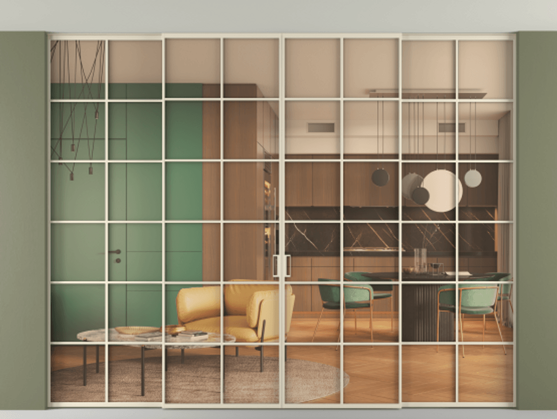 Перегородка Formato внутри проёма скрытое крепление в потолок 4 створки АЛПР 040.05 Алюминий бежево-серый Прозрачное оранжевое стекло, триплекс Цена 25300 AZE | Volhovec