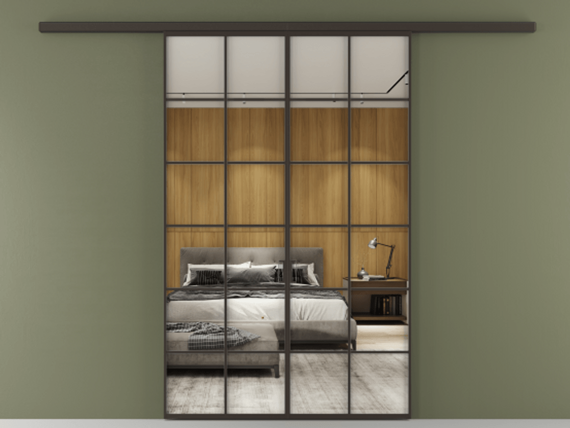 Перегородка Формато вдоль стены 2 створки АЛПР 040.05 Алюминий антрацит Двустороннее зеркало, триплекс , триплекс 6 мм Цена 10800 AZE | Volhovec