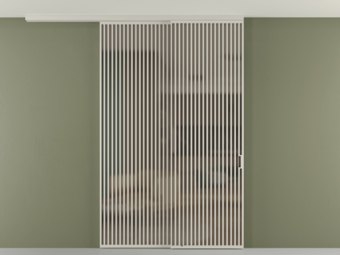 Перегородка Формато вдоль стены на потолок 2 створки с синхронным механизмом АЛПР 040.06 Алюминий тёплый серый Сатинированное бронзовое стекло, триплекс Цена 27450 AZE | Volhovec