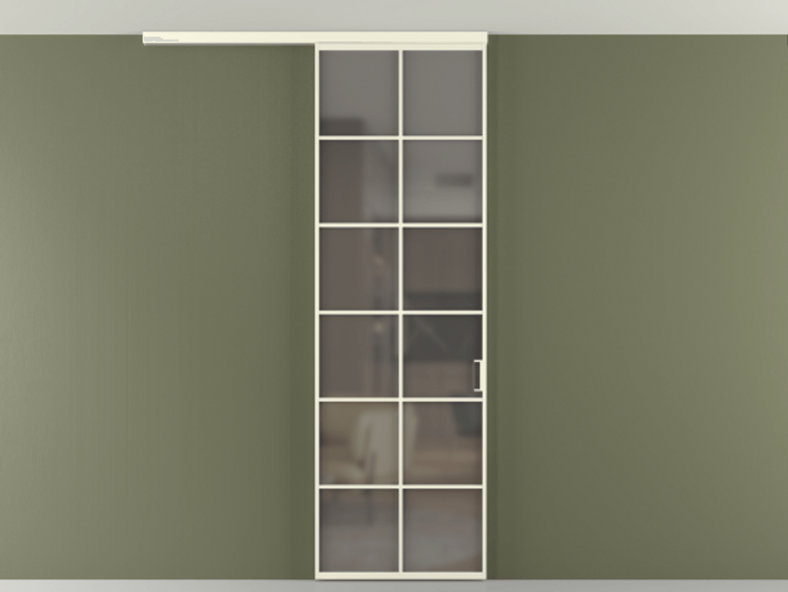 Перегородка Формато вдоль стены на потолок 1 створка АЛПР 040.05 Алюминий молочно-белый Сатинированное серое стекло, триплекс Цена 5620 AZE | Volhovec