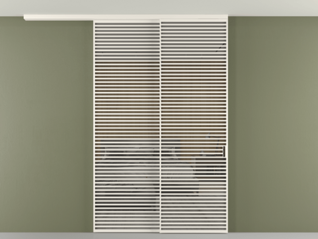 Перегородка Формато вдоль стены на потолок 2 створки с синхронным механизмом АЛПР 040.07 Алюминий пудровый белый Рефлективное серое стекло "Стопсол", калёное Цена 28280 AZE | Volhovec