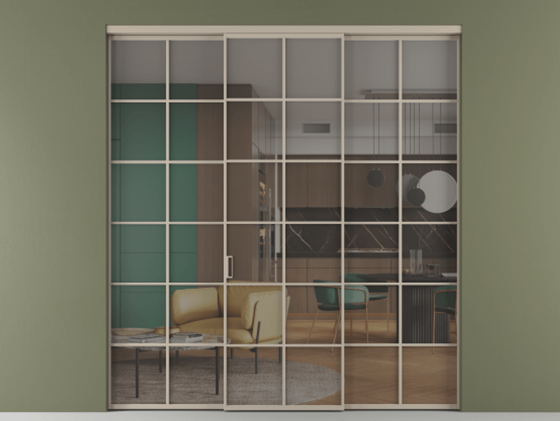 Перегородка Формато внутри проёма 3 створки АЛПР 040.05 Алюминий бисквитный Прозрачное серое стекло, триплекс Цена 13280 AZE | Volhovec