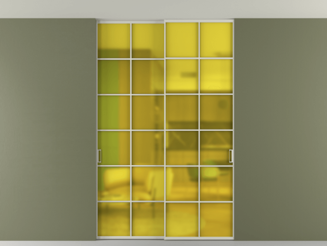 Перегородка Формато внутри проёма скрытое крепление в потолок 2 створки АЛПР 040.05 Алюминий тёплый серый Сатинированное жёлтое стекло, триплекс Цена 13600 AZE | Volhovec