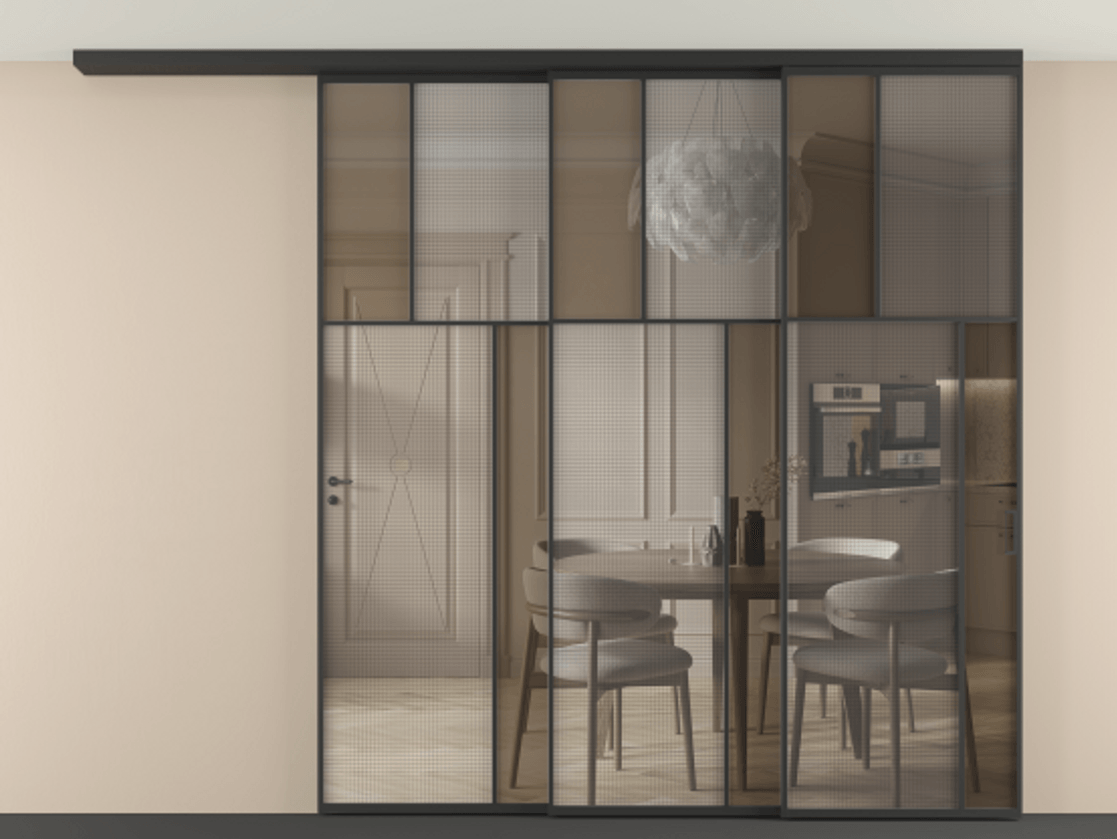 Перегородка Mosaic вдоль стены телескопик синхро-3 АЛПР 041.23 Алюминий Черный Mesh silver + Бронза прозрачное триплекс Цена 22550 AZE | Volhovec