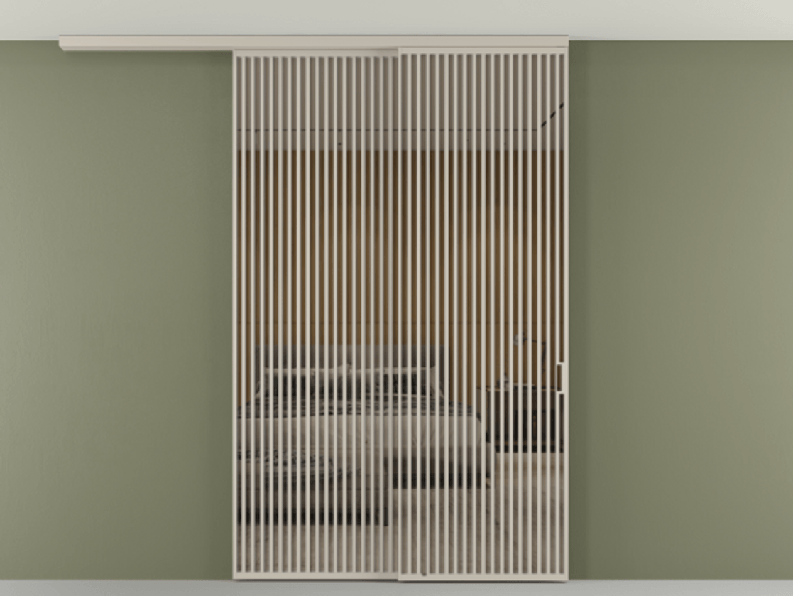 Перегородка Формато вдоль стены на потолок 2 створки с синхронным механизмом АЛПР 040.06 Алюминий светло-бежевый Рефлективное бронзовое стекло "Стопсол", калёное Цена 24150 AZE | Volhovec