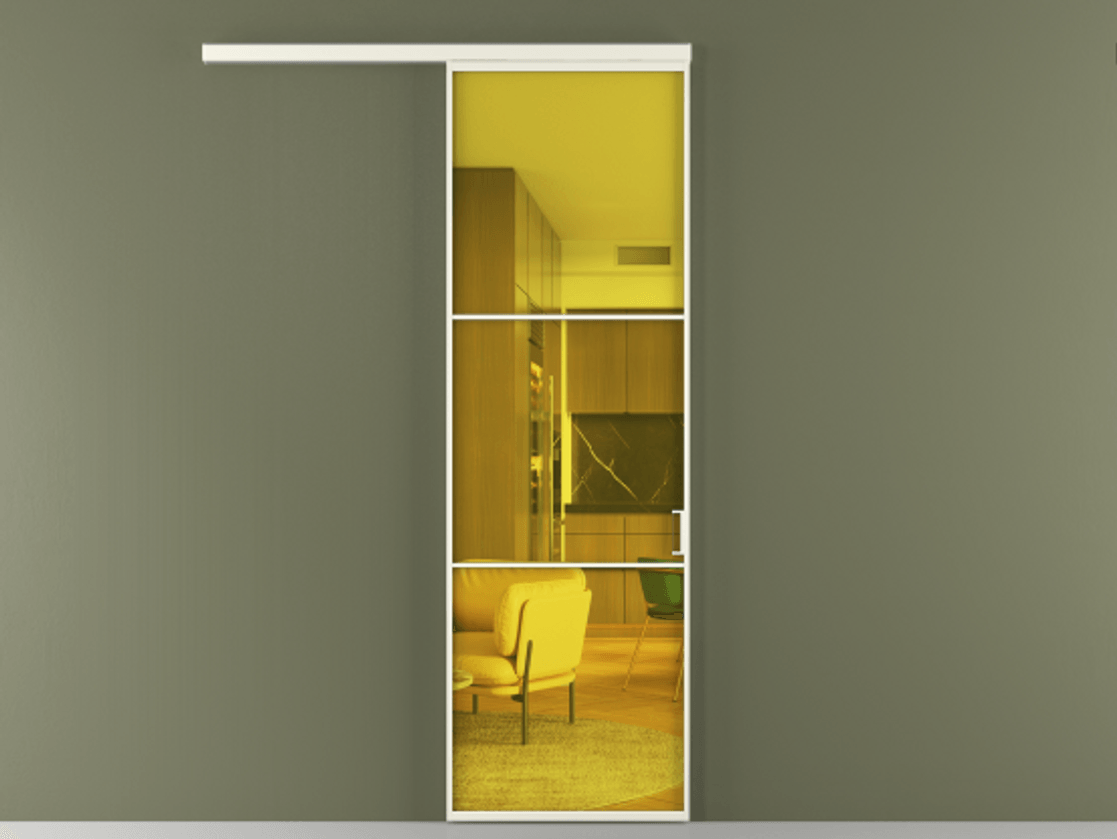 Перегородка Формато вдоль стены 1 створка АЛПР 040.03 Алюминий жемчужный Прозрачное жёлтое стекло, триплекс Цена 5500 AZE  | Volhovec