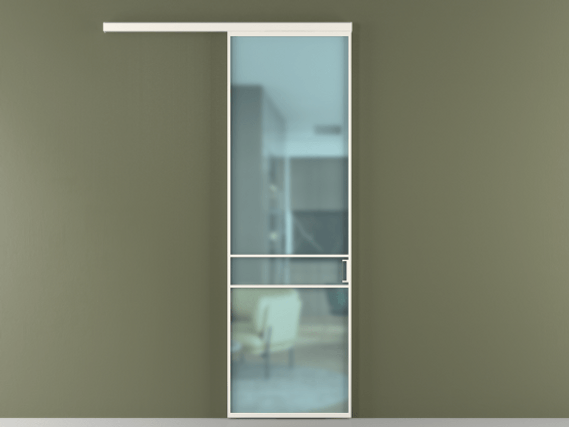 Перегородка Формато вдоль стены 1 створка АЛПР 040.02 Алюминий пудровый белый Сатинированное голубое стекло, триплекс Цена 5500 AZE  | Volhovec