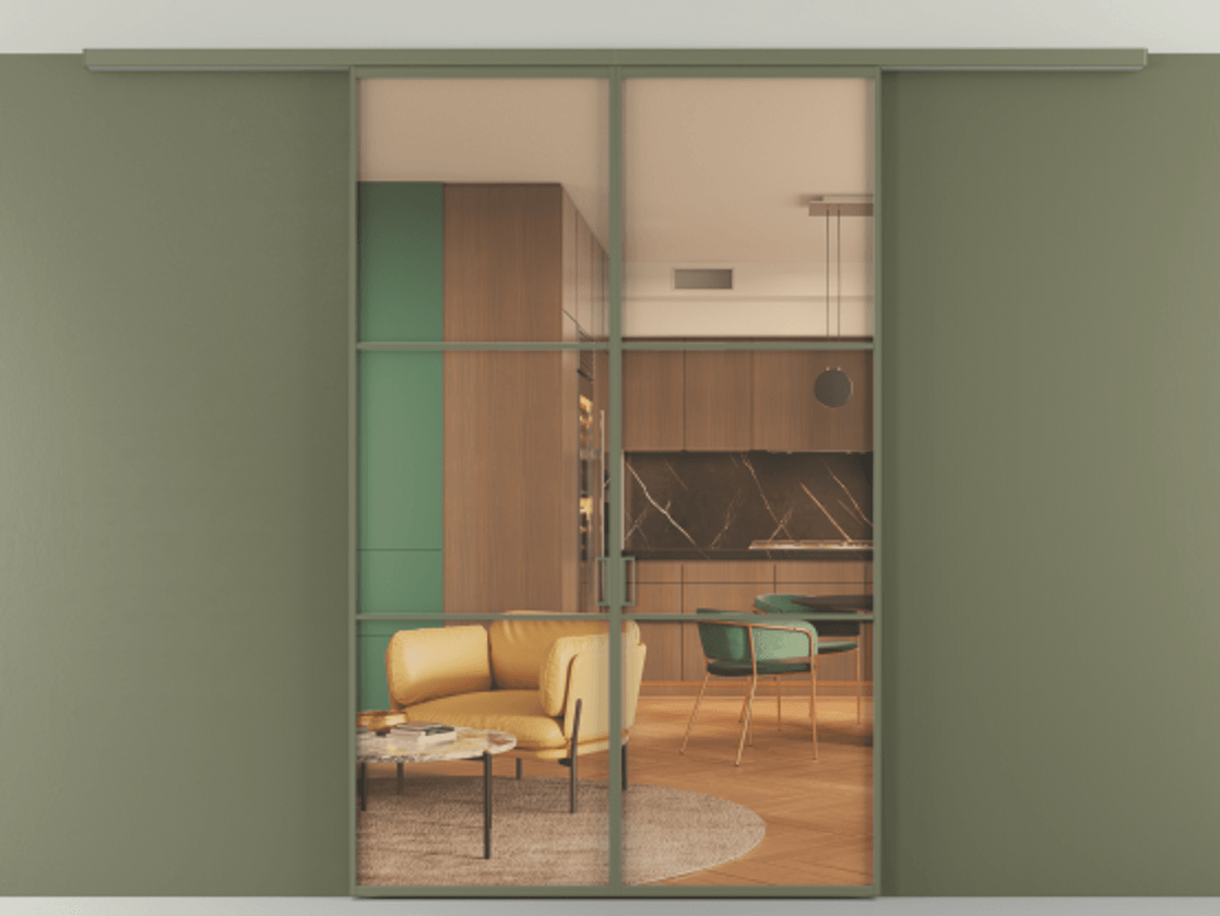 Перегородка Формато вдоль стены на потолок 2 створки АЛПР 040.03 Алюминий оливковый тёмный Прозрачное оранжевое стекло, триплекс Цена 10200 AZE | Volhovec