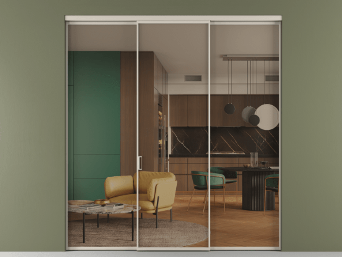 Перегородка Formato внутри проёма 3 створки АЛПР 040.01 Алюминий светло-бежевый Прозрачное бронзовое стекло, триплекс Цена 11730 AZE | Volhovec