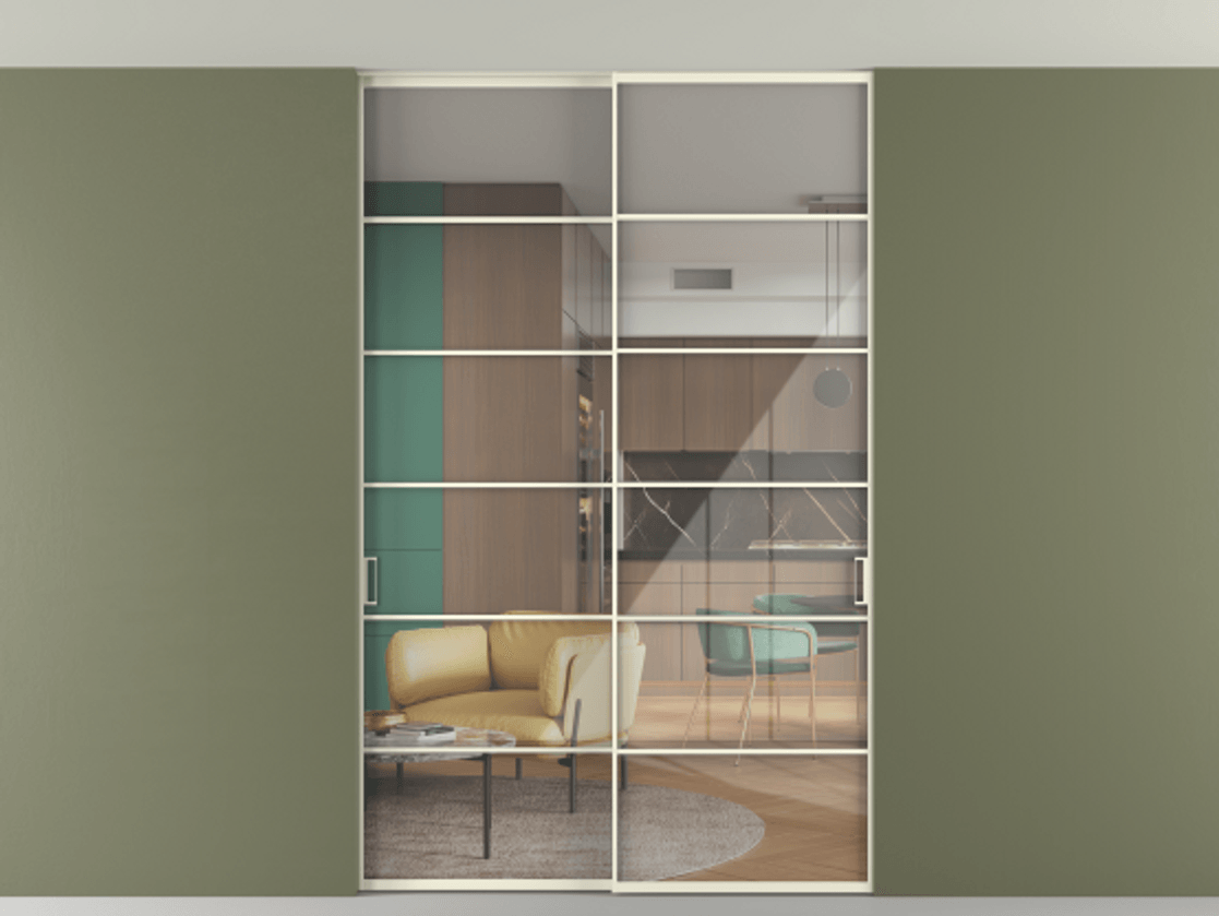 Перегородка Формато внутри проёма скрытое крепление в потолок 2 створки АЛПР 040.04 Алюминий молочно-белый Рефлективное прозрачное стекло "Стопсол", калёное Цена 16820 AZE | Volhovec