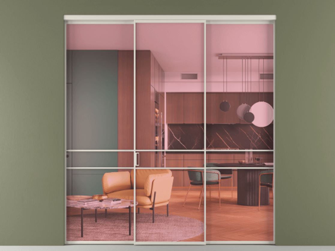 Перегородка Formato внутри проёма 3 створки АЛПР 040.02 Алюминий облачно-серый Прозрачное розовое стекло, триплекс Цена 12400 AZE | Volhovec