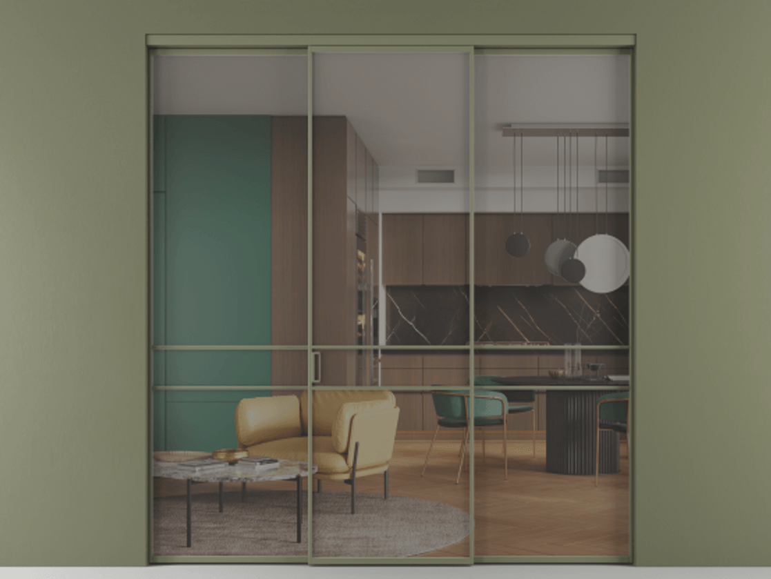 Перегородка Formato внутри проёма 3 створки АЛПР 040.02 Алюминий оливковый тёмный Рефлективное серое стекло "Стопсол", калёное Цена 16550 AZE | Volhovec