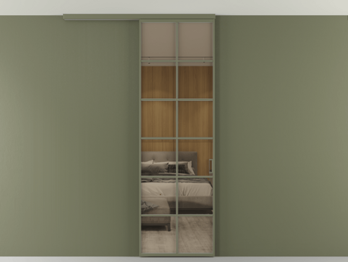 Перегородка Формато вдоль стены на потолок 1 створка АЛПР 040.05 Алюминий оливковый тёмный Рефлективное бронзовое стекло "Стопсол", калёное Цена 6990 AZE | Volhovec