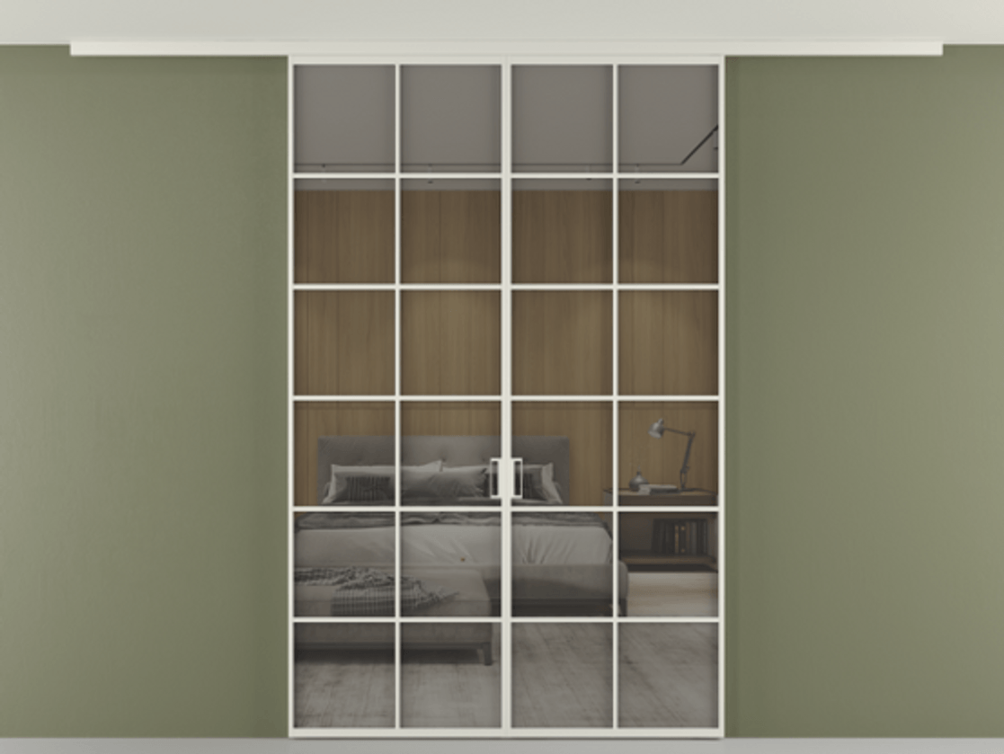 Перегородка Формато вдоль стены на потолок 2 створки АЛПР 040.05 Алюминий Белый Рефлективное серое стекло "Стопсол", калёное Цена 13090 AZE | Volhovec