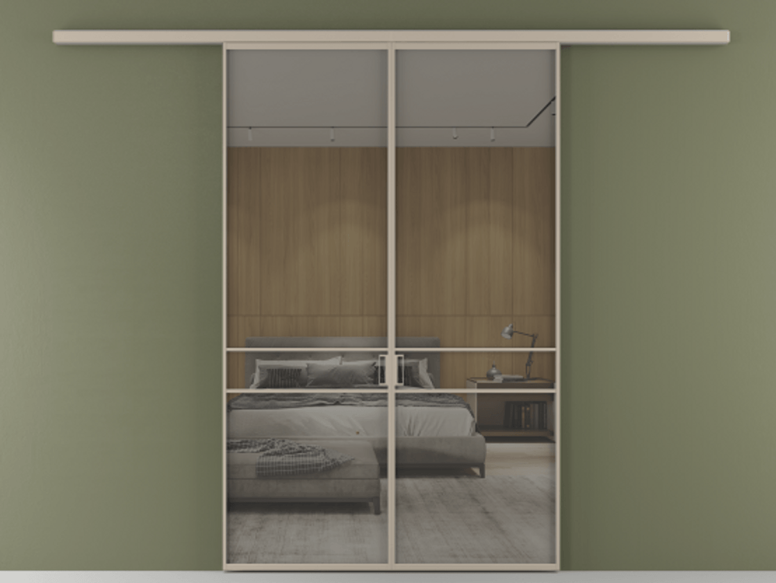 Перегородка Формато вдоль стены 2 створки АЛПР 040.02 Алюминий бисквитный Рефлективное серое стекло "Стопсол", калёное Цена 12980 AZE | Volhovec