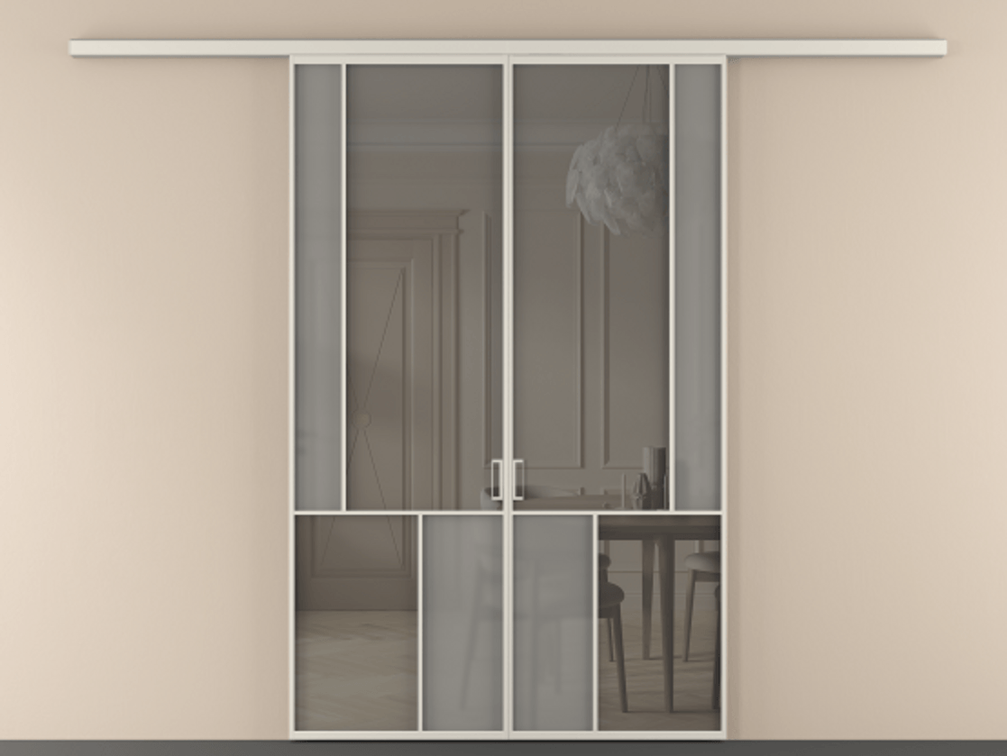 Перегородка Мозаик вдоль стены 2 створки АЛПР 041.21 Алюминий облачно-серый Сатинированное серое стекло, триплекс, 6 мм + Прозрачное серое стекло, триплекс Цена 13810 AZE | Volhovec