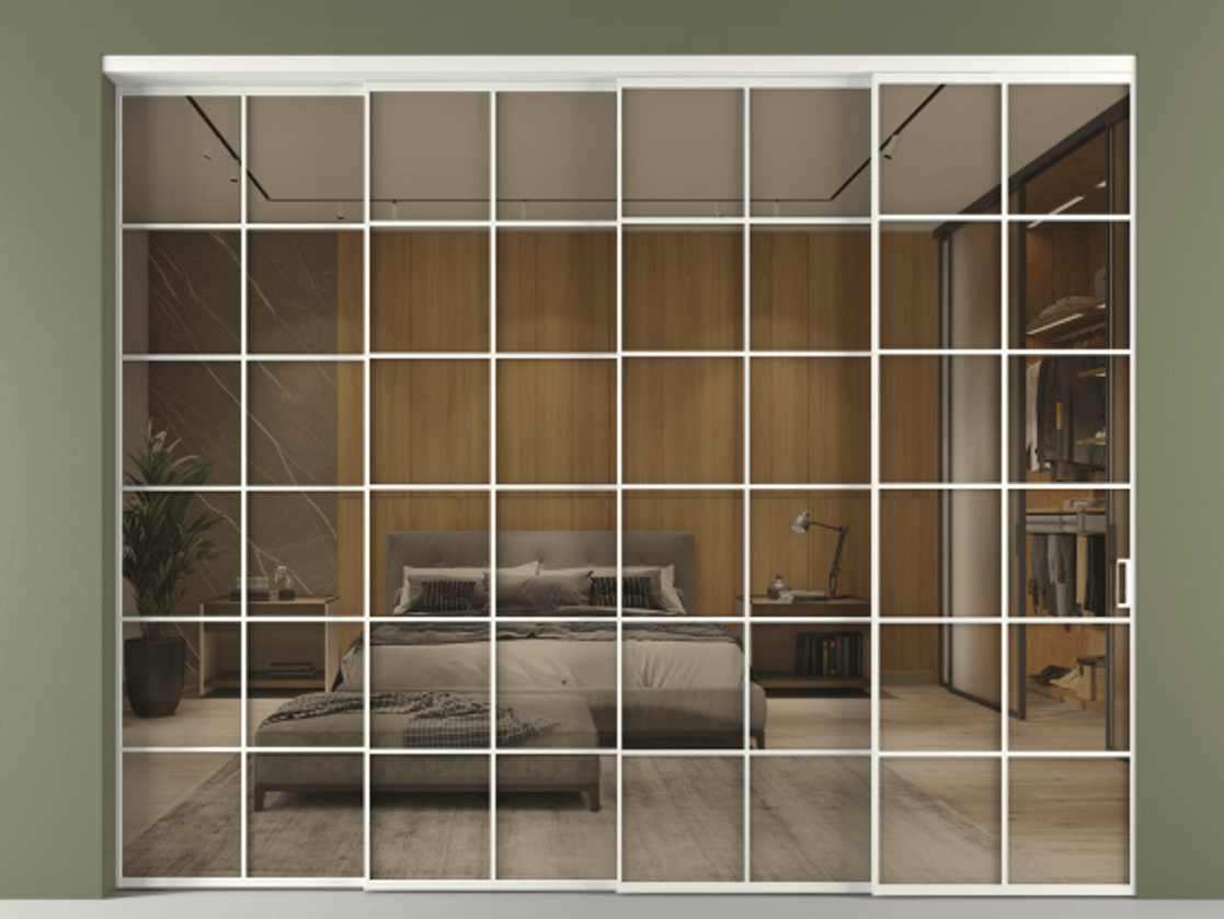 Перегородка Формато внутри проёма 4 створки с синхронным механизмом АЛПР 040.05 Алюминий светло-серый Рефлективное бронзовое стекло "Стопсол", калёное Цена 26810 AZE | Volhovec