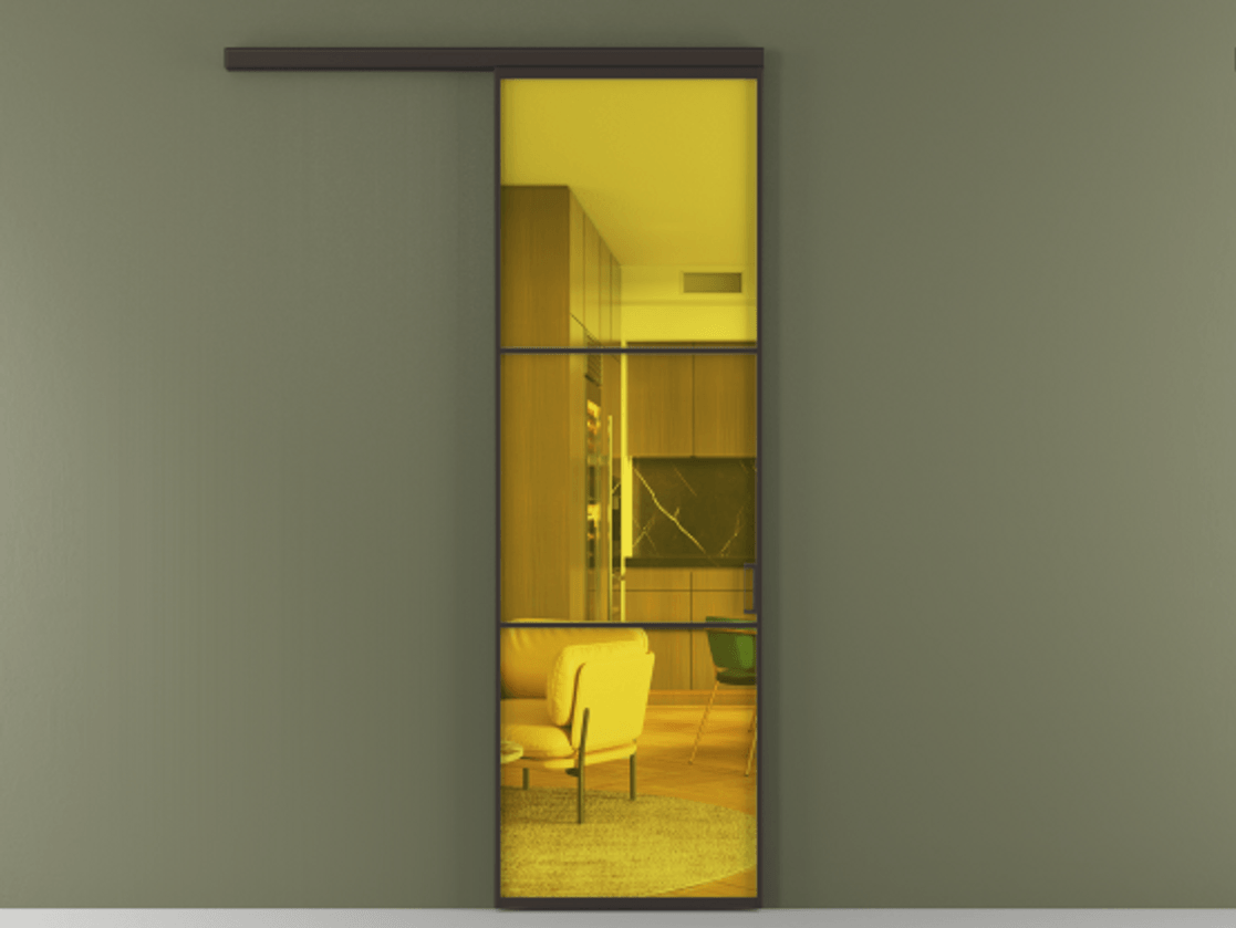 Перегородка Формато вдоль стены 1 створка АЛПР 040.03 Алюминий антрацит Прозрачное жёлтое стекло, триплекс Цена 5500 AZE  | Volhovec