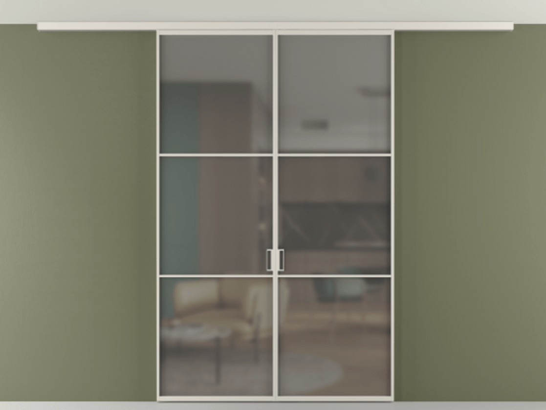 Перегородка Формато вдоль стены на потолок 2 створки АЛПР 040.03 Алюминий облачно-серый Сатинированное серое стекло, триплекс Цена 11880 AZE | Volhovec