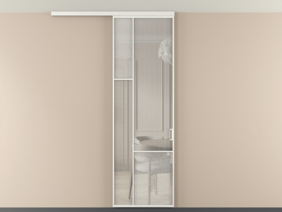 Перегородка Мозаик вдоль стены на потолок 1 створка АЛПР 041.13 Алюминий светло-серый Рифлёное стекло "Дюна", триплекс, 6 мм + Фактурное стекло "Лёд", триплекс Цена 7460 AZE | Volhovec