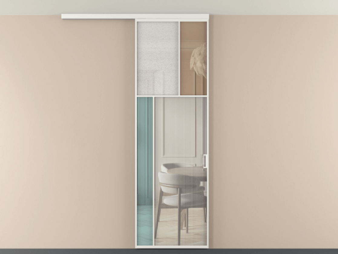 Перегородка Мозаик вдоль стены на потолок 1 створка АЛПР 041.22 Алюминий светло-серый Комбинация стекол Группы 1 и Группы 3 Цена 7400 AZE | Volhovec