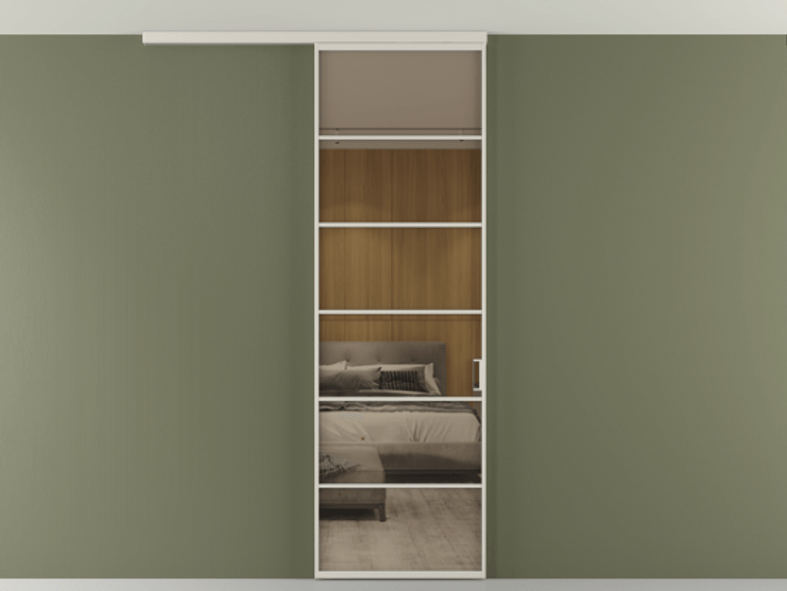 Перегородка Формато вдоль стены на потолок 1 створка АЛПР 040.04 Алюминий облачно-серый Рефлективное бронзовое стекло "Стопсол", калёное Цена 6990 AZE | Volhovec