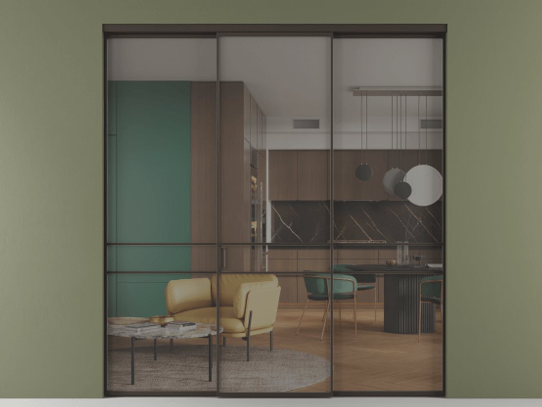 Перегородка Формато внутри проёма 3 створки АЛПР 040.02 Алюминий антрацит Рефлективное серое стекло "Стопсол", калёное Цена 16550 AZE | Volhovec