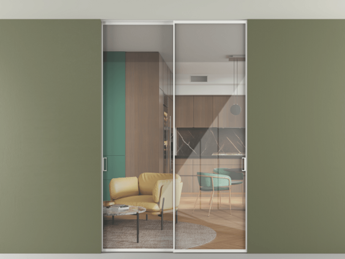 Перегородка Формато внутри проёма скрытое крепление в потолок 2 створки АЛПР 040.01 Алюминий белоснежный Рефлективное прозрачное стекло "Стопсол", калёное Цена 293640 ₽ | Volhovec