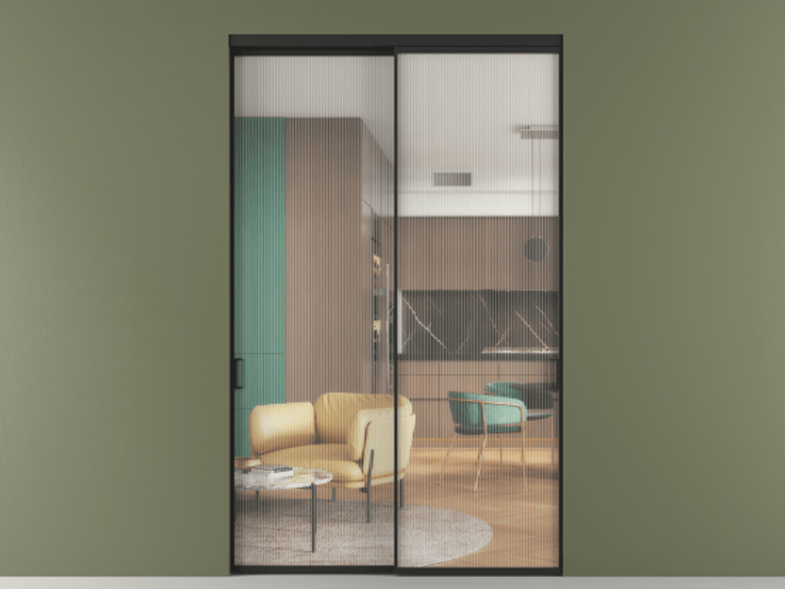 Перегородка Формато внутри проёма 2 створки АЛПР 040.01 Алюминий Черный Рифлёное стекло "Мору", триплекс Цена 21301 AZE  | Volhovec