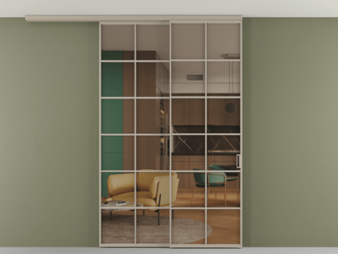 Перегородка Формато вдоль стены на потолок 2 створки с синхронным механизмом АЛПР 040.05 Алюминий бисквитный Прозрачное бронзовое стекло, триплекс Цена 15210 AZE | Volhovec