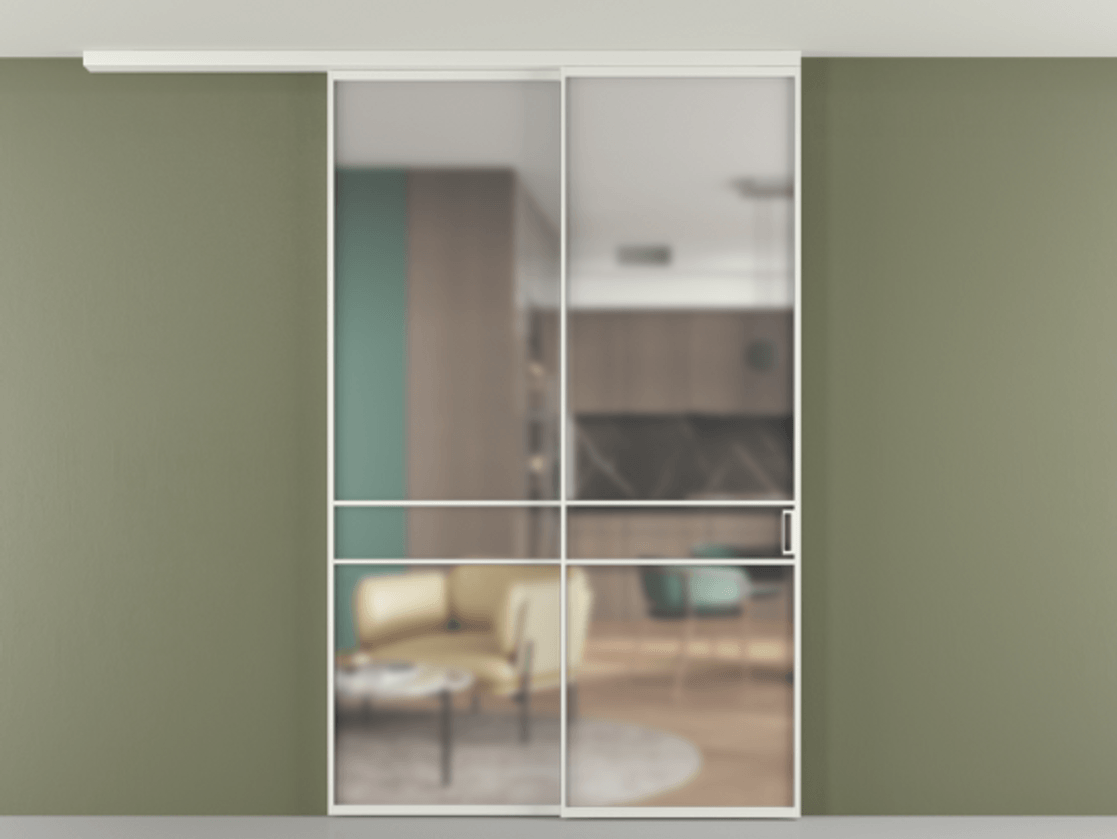 Перегородка Формато вдоль стены на потолок 2 створки с синхронным механизмом АЛПР 040.02 Алюминий светло-серый Сатинированное стекло "Мателюкс Кристал Вижн", калёное, матовое, каленое 6 мм Цена 17050 AZE | Volhovec