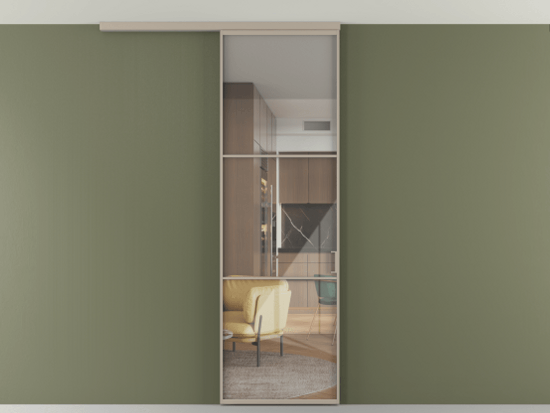 Перегородка Формато вдоль стены на потолок 1 створка АЛПР 040.03 Алюминий бисквитный Рефлективное прозрачное стекло "Стопсол", калёное Цена 5600 AZE | Volhovec