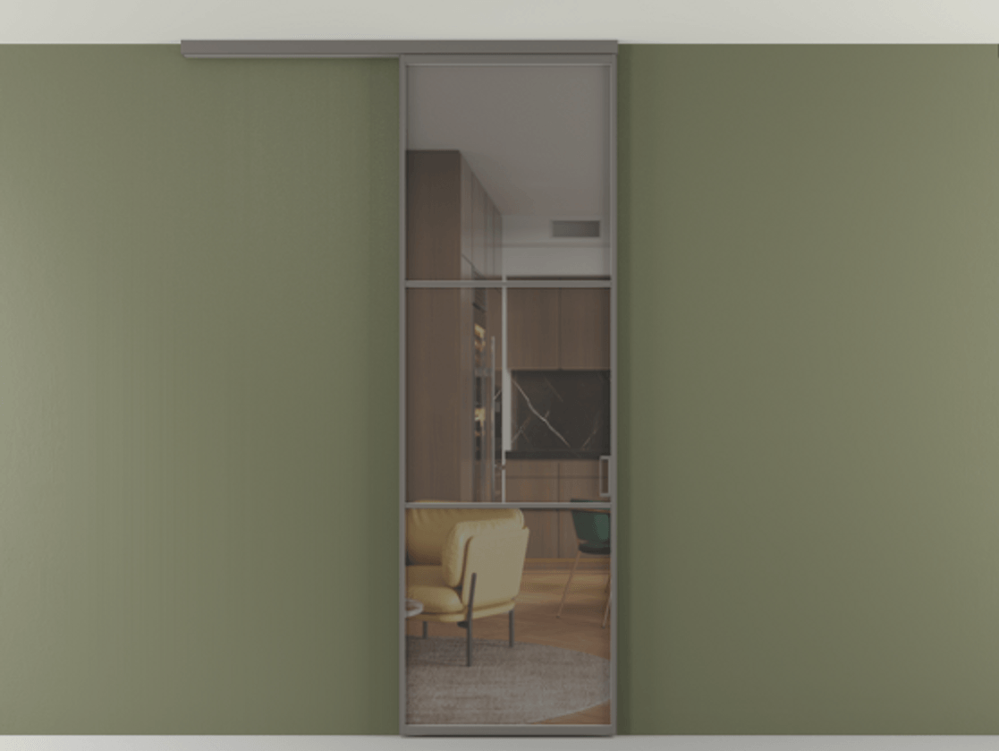 Перегородка Формато вдоль стены на потолок 1 створка АЛПР 040.03 Алюминий классический серый Прозрачное серое стекло, триплекс Цена 5260 AZE | Volhovec